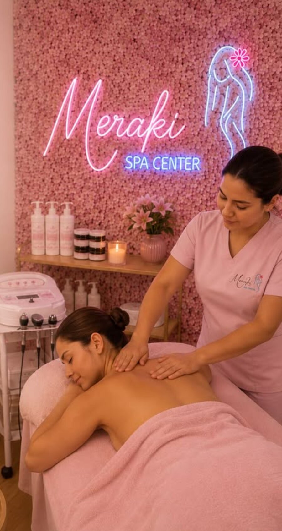 Cabina de Meraki Spa Center con letrero de neón y masaje relajante